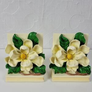 Vintage 1995 CBK Magnolia Flower Blossom Bookends Heavy Resin Cast Hand Painted